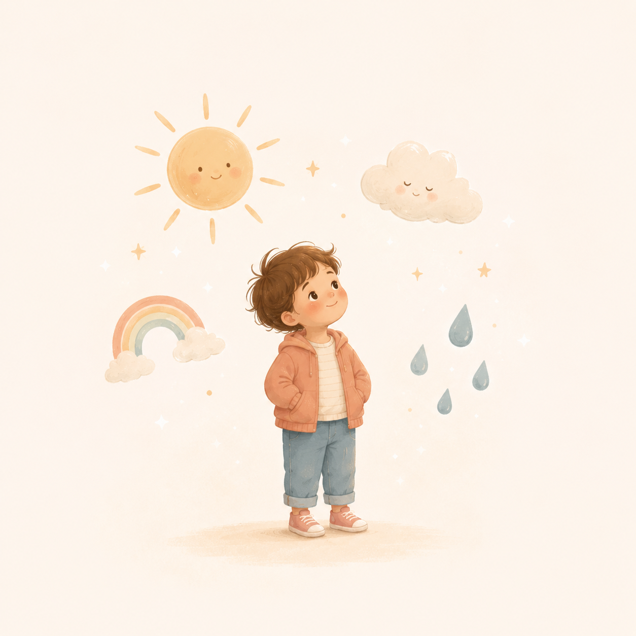 Kind mit Sonne, Wolke, Regen und Regenbogen als Gefühlsbilder