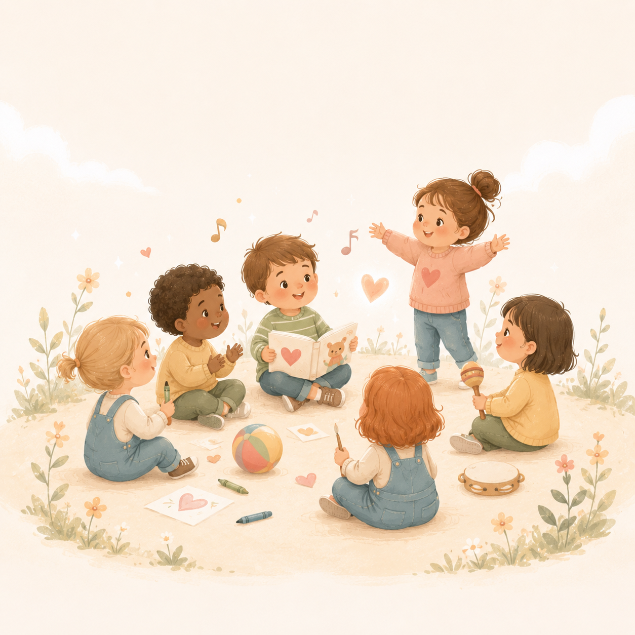Kinder sitzen im Kreis mit Buch, Ball, Musik und kreativen Materialien